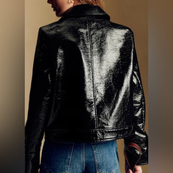 NEW NWT Sézane Terry Jacket Black Vinyl Cropped Moto Jacket Size 4 - Picture 3 of 9